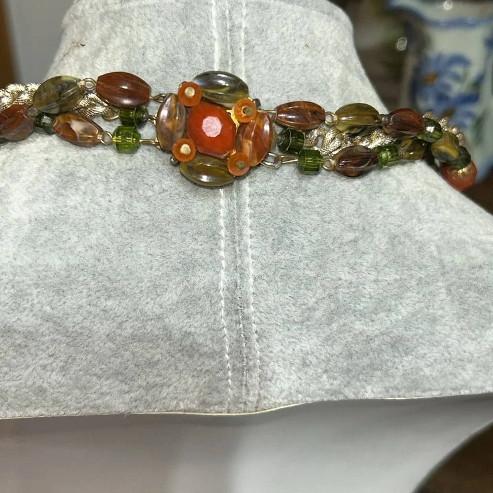 Western Germany Vintage Green Orange Gold Three Strand Necklace